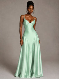 Lavender V Neck Satin Prom Dress with Spaghetti Straps
