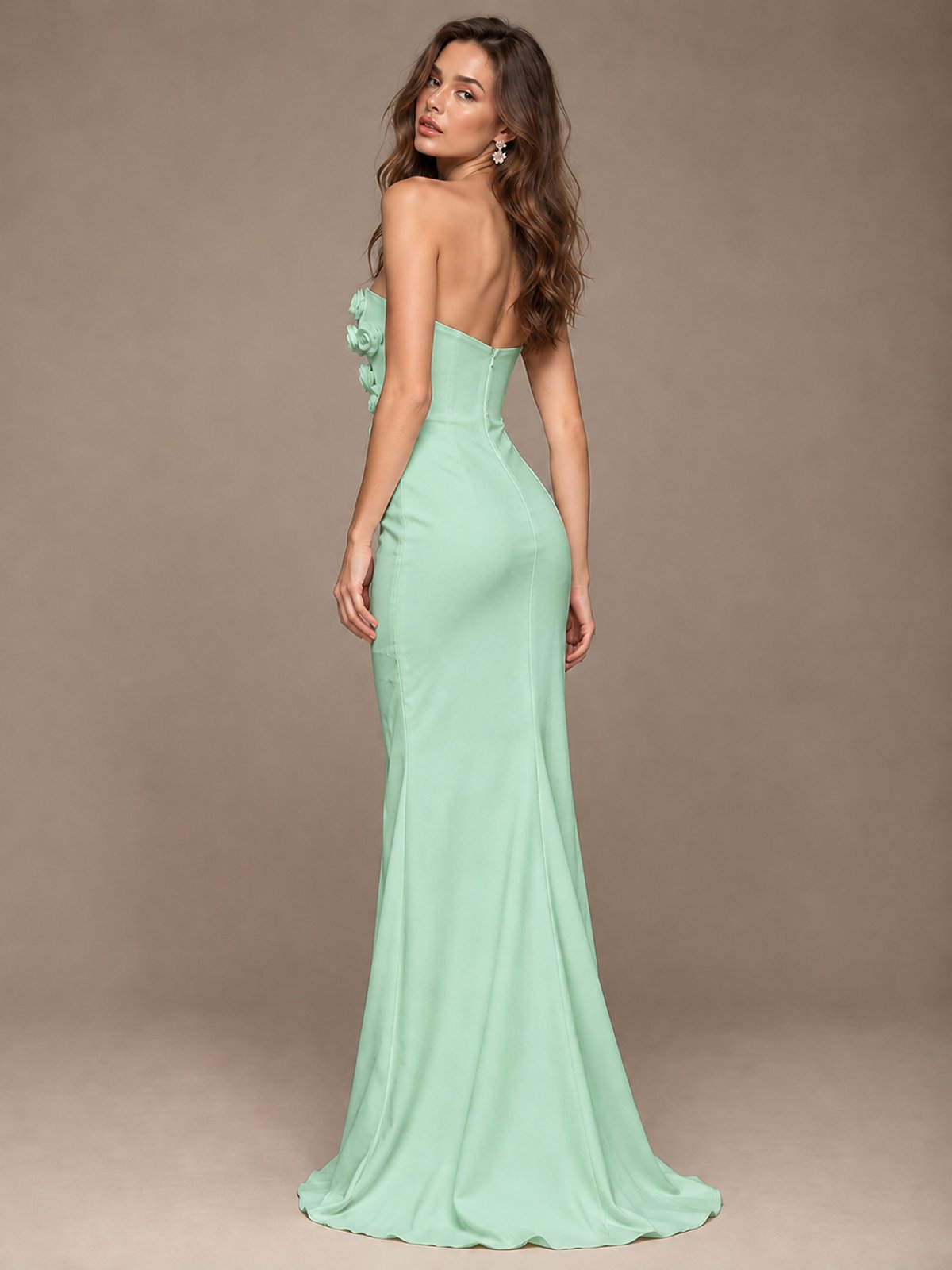 White Strapless Mermaid Maxi Dress with 3D Floral Appliques