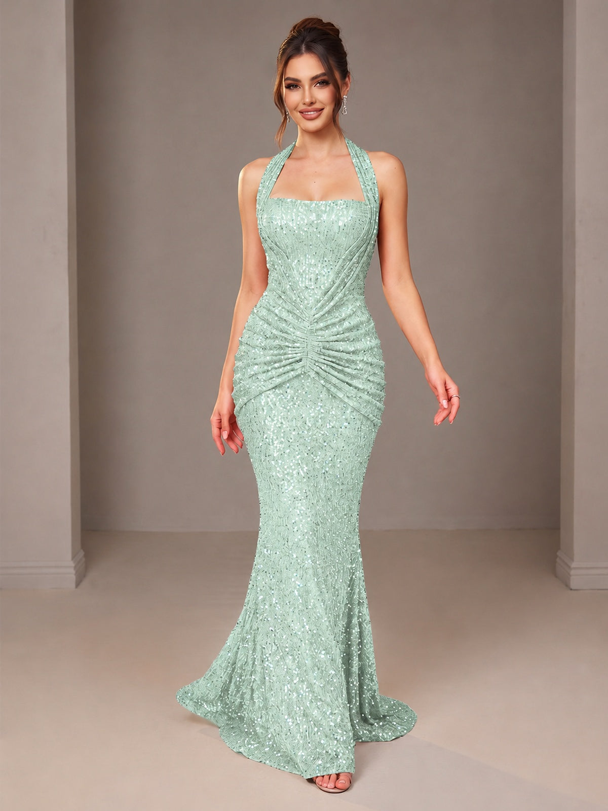 Gold Halter Sequin Mermaid Ruched Prom Dress Long Ruched Evening Gown
