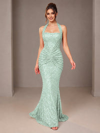 Gold Halter Sequin Mermaid Ruched Prom Dress Long Ruched Evening Gown