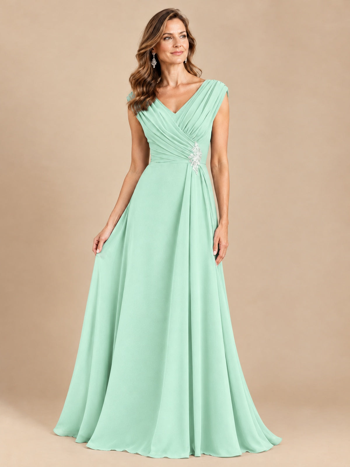 V Neck Pleated Mother of The Bride Dresses with Beading Cap Sleeves