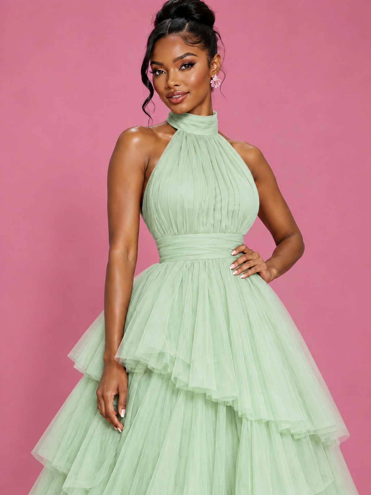 Hot Pink Tulle Halter Neck Tiered Ruffle Maxi Dress