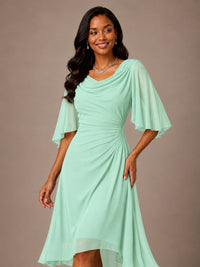 Cowl Neck Ruched Chiffon Mother of the Bride Dresses with Flutter Sleeves