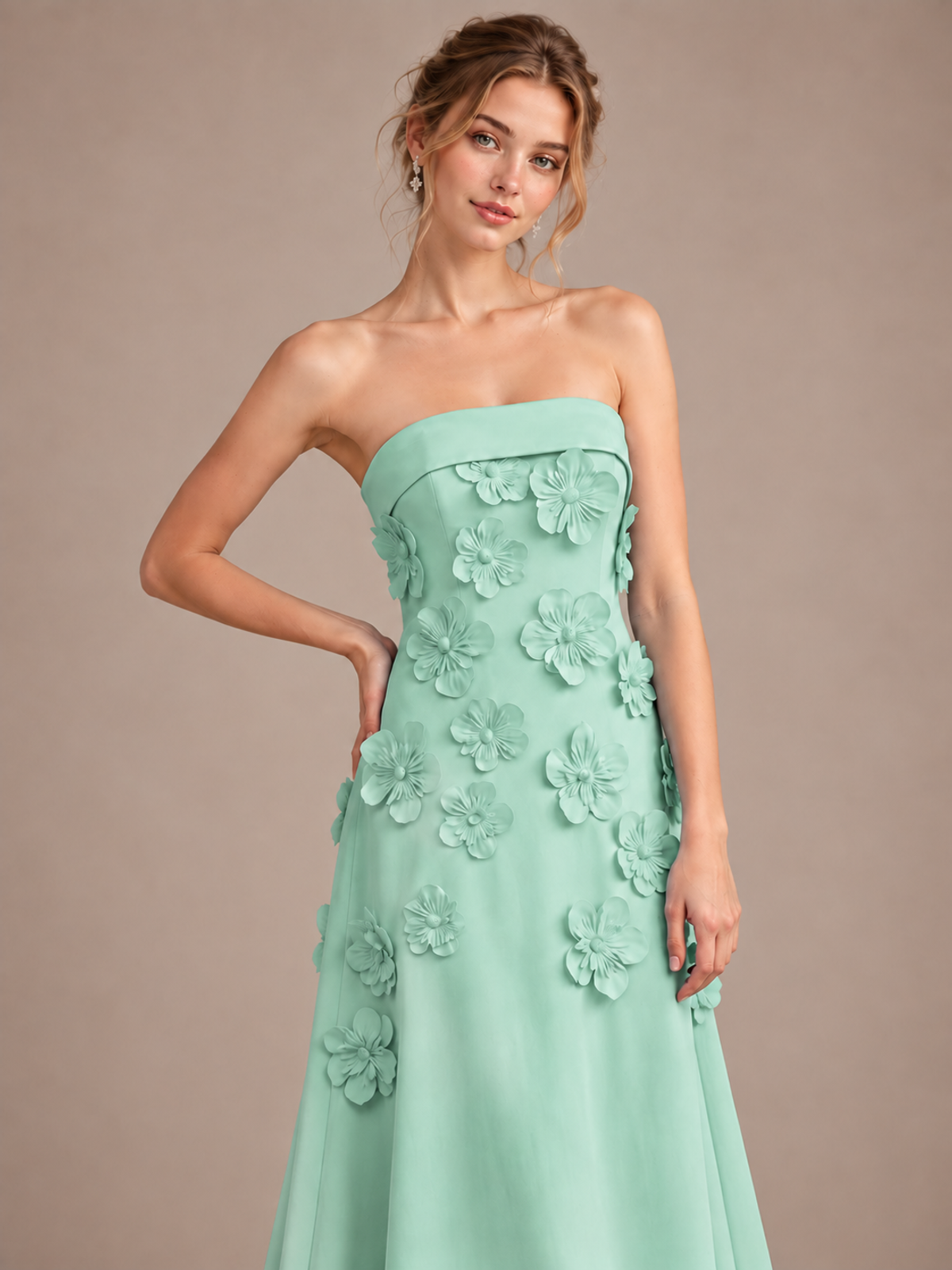 Yellow Strapless 3D Floral Appliques Maxi Dress
