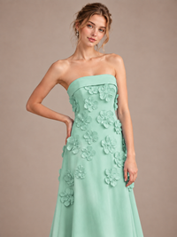 Yellow Strapless 3D Floral Appliques Maxi Dress