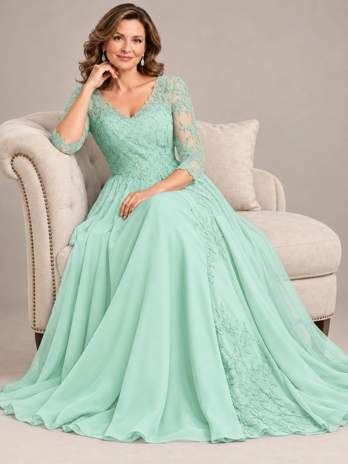 Sequin Lace A-Line Mother of the Bride Dress with 3/4 Sleeves