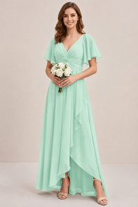 Dusty Blue Chiffon Bridesmaid Dress with Flutter Sleeves & High-Low Hem