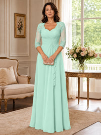 Chiffon Lace Applique Mother of the Bride Dress with 3/4 Sleeves