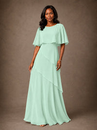 Taupe Chiffon A-Line Mother of the Bride Dress with Cape Sleeves
