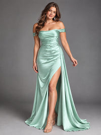 Off Shoulder Satin Maxi Dress with Slit
