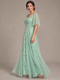 V-Neck Sequin Tulle Mother of the Bride Dress with Flutter Sleeve