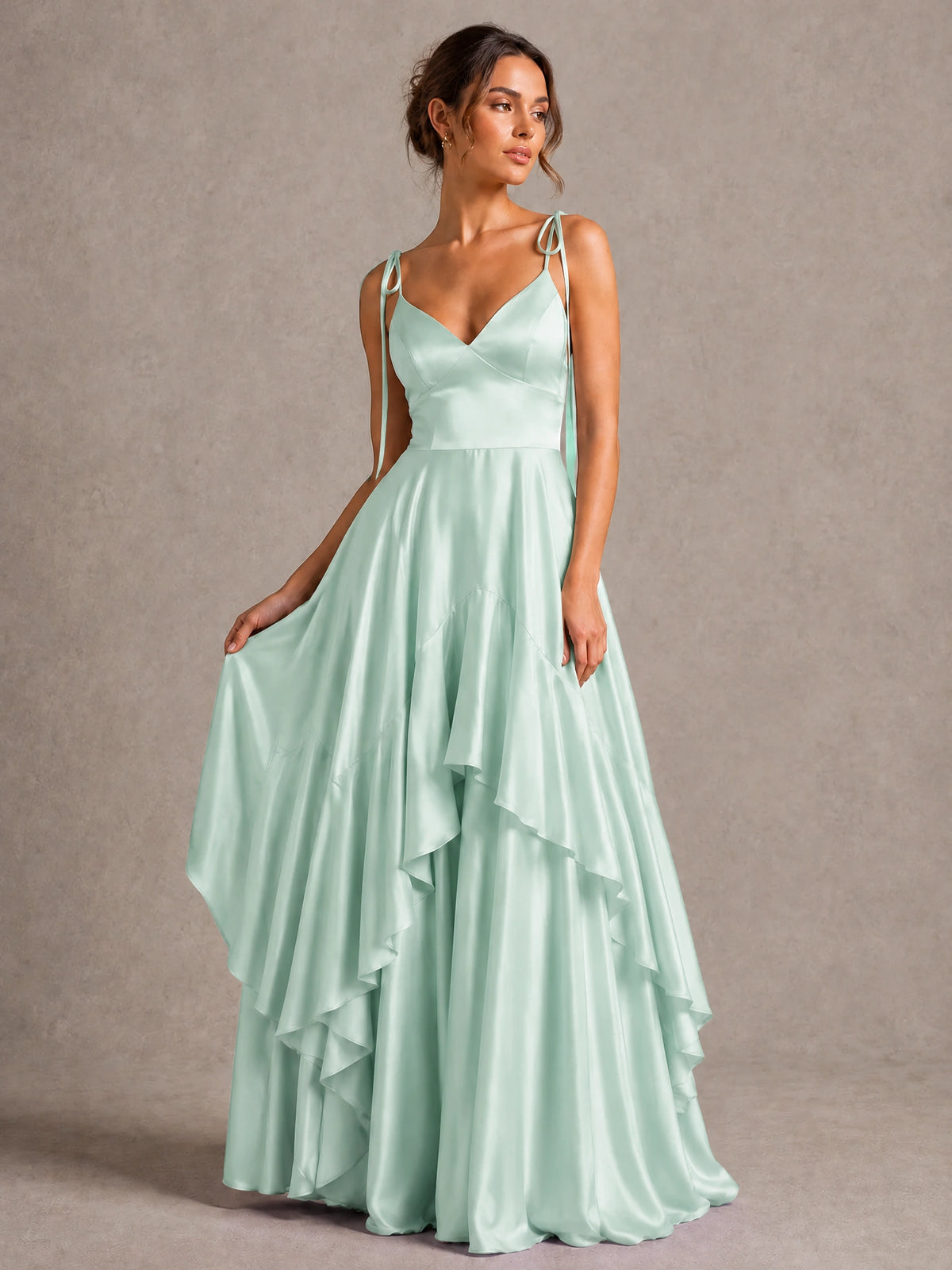 Lavender Satin V-Neck Ruffle Maxi Dress
