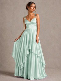 Lavender Satin V-Neck Ruffle Maxi Dress