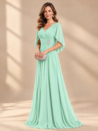 Ruched V Neck Mother of The Bride Dresses with Shawls Appliques and Cap Sleeves
