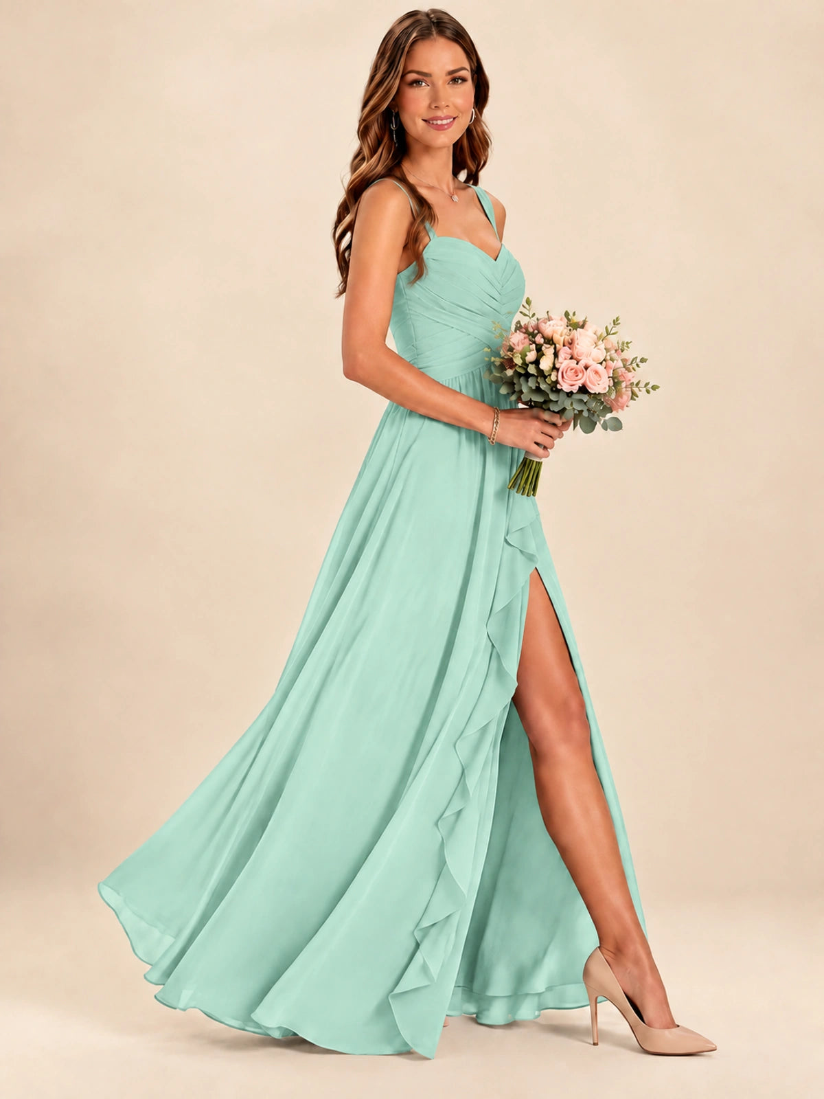 Spaghetti Straps Pleated Chiffon Bridesmaid Dress with Ruffle Slit