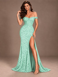 Off the Shoulder Corset Sequin Mermaid Prom Dress with Slit
