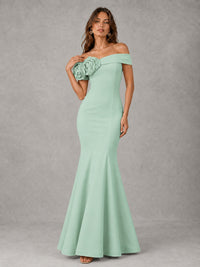 Blush Pink Off Shoulder Mermaid Bridesmaid Dress with Floral Rosette