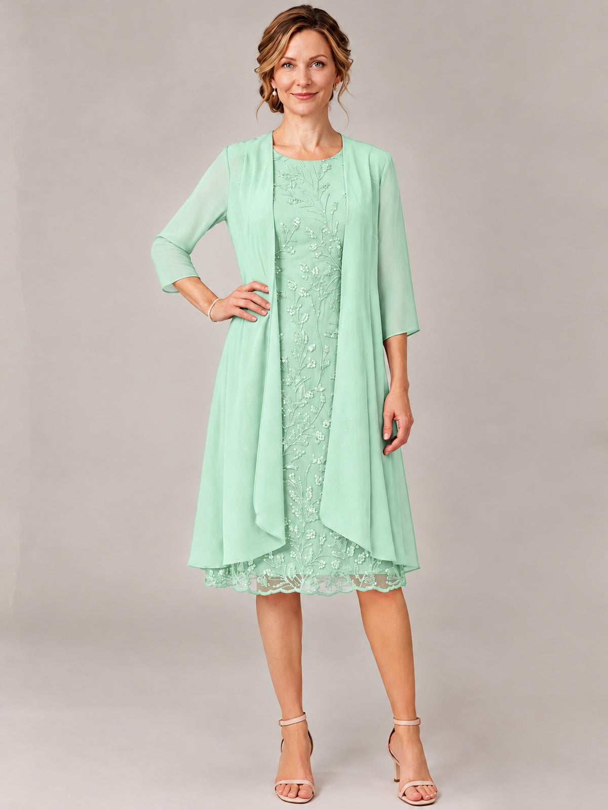 Tea Length Sequin Lace Mother of The Bride Dress with Chiffon Jacket
