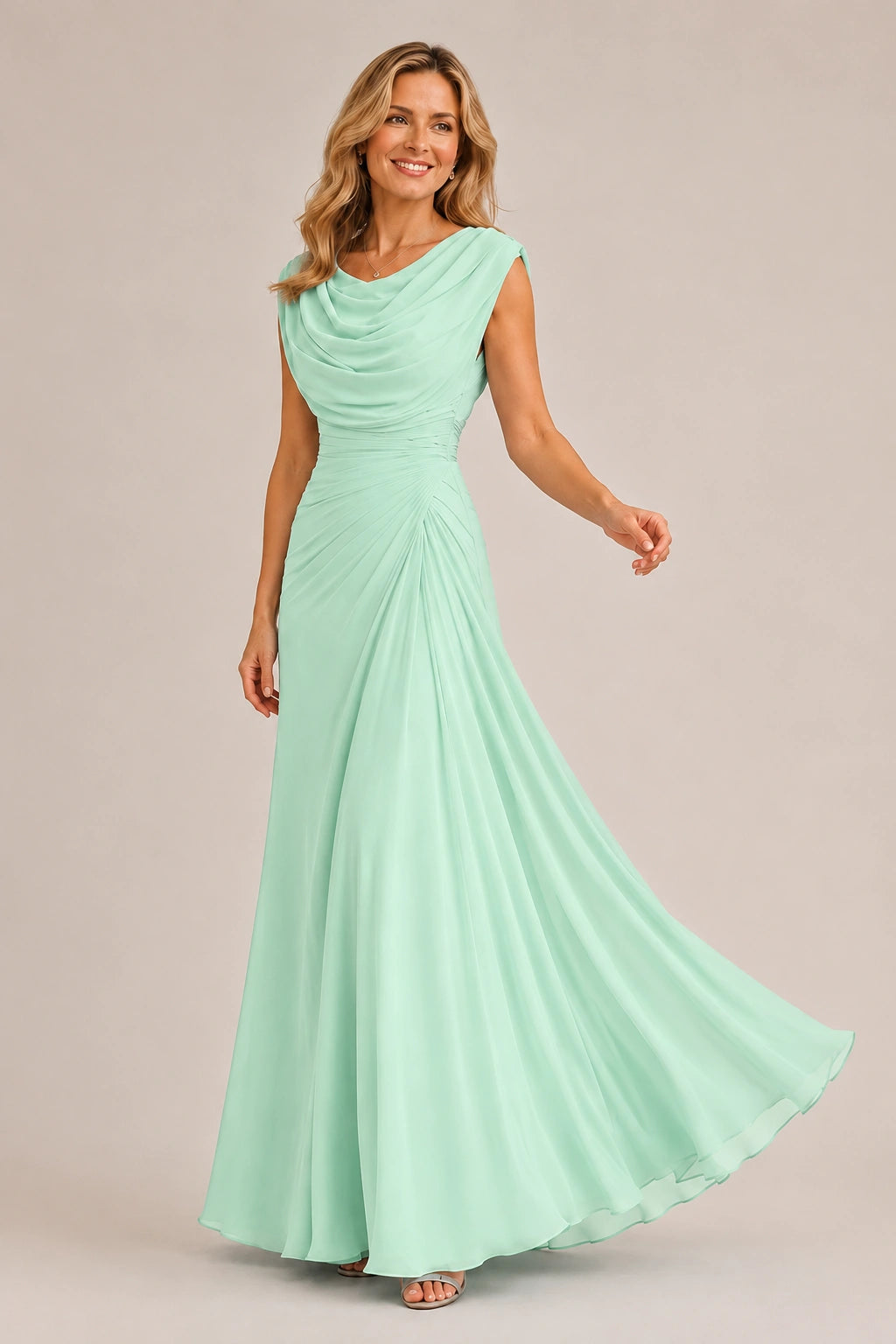 Cowl Neck Ruched Chiffon Mother of the Bride Dress