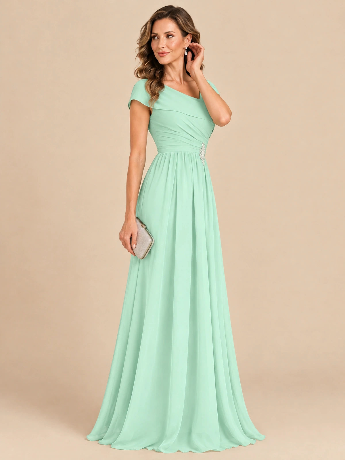 Cap Sleeve Mother of The Bride Dresses Long Chiffon Formal Gowns