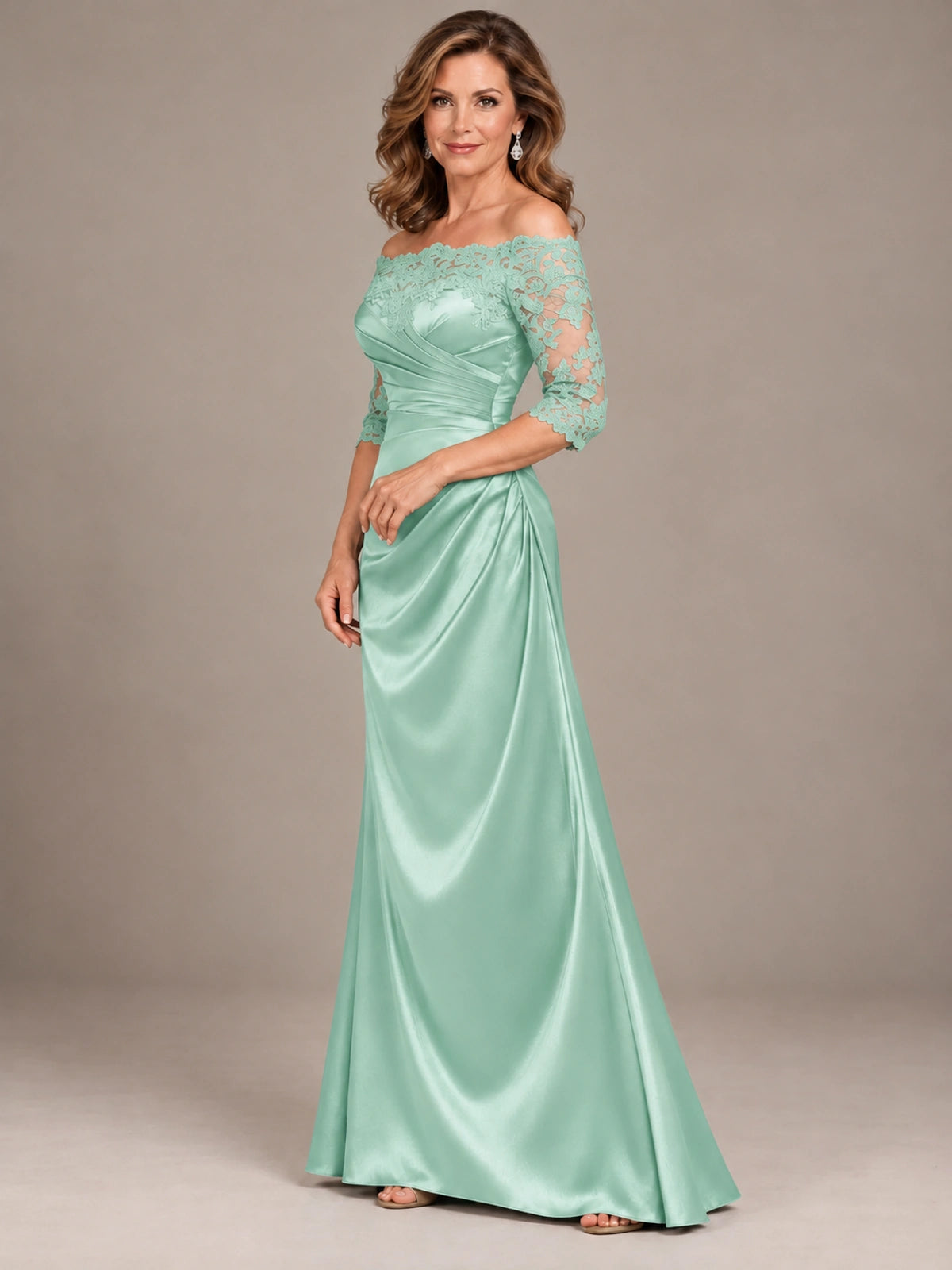 Satin Mother of the Bride Dress with Lace Sleeves Off Shoulder Formal Gown