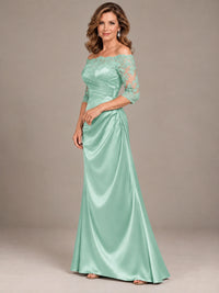 Satin Mother of the Bride Dress with Lace Sleeves Off Shoulder Formal Gown