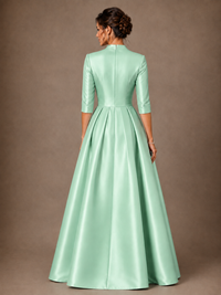 V-Neck Pleated Satin Mother of the Bride Gown with 3/4 Sleeves