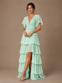 Chiffon V-Neck Tiered Ruffle Bridesmaid Dress with Slit