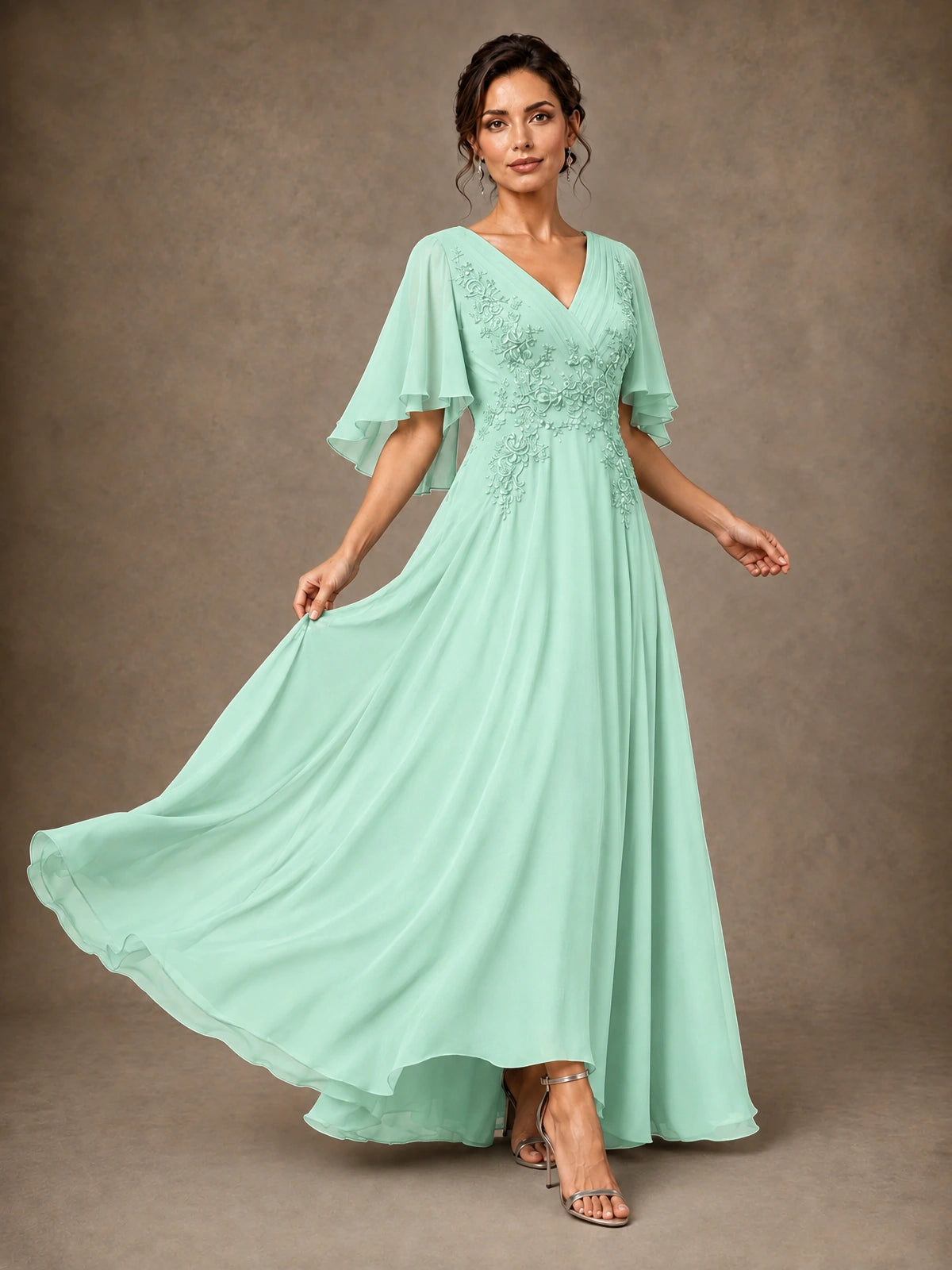 V-Neck Chiffon Lace Mother of the Bride Dress with Flutter Sleeves