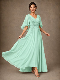 V-Neck Chiffon Lace Mother of the Bride Dress with Flutter Sleeves