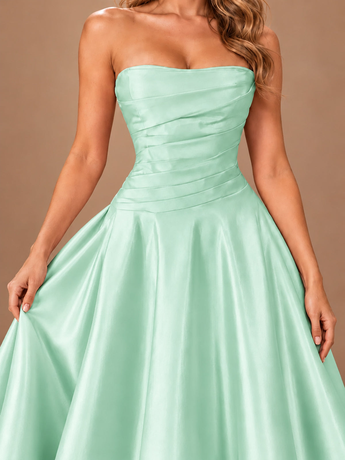 Blush Pink Strapless Satin A-Line Prom Dress with Ruched Bodice