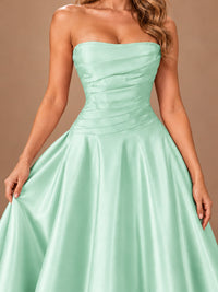 Blush Pink Strapless Satin A-Line Prom Dress with Ruched Bodice