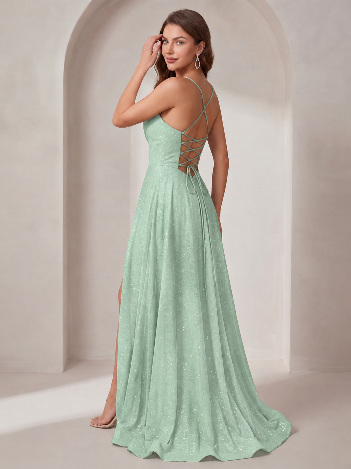 Sparkly Cowl Neck Corset Long Prom Dress with Slit A-line Tulle Ball Gown