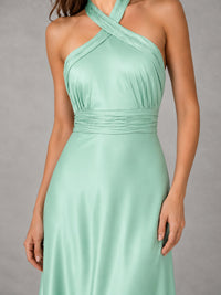 Sage Green Satin A-Line Bridesmaid Dress with Halter Neck