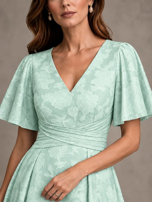 V-Neck Floral Jacquard Tea-Length Mother of the Bride Dress