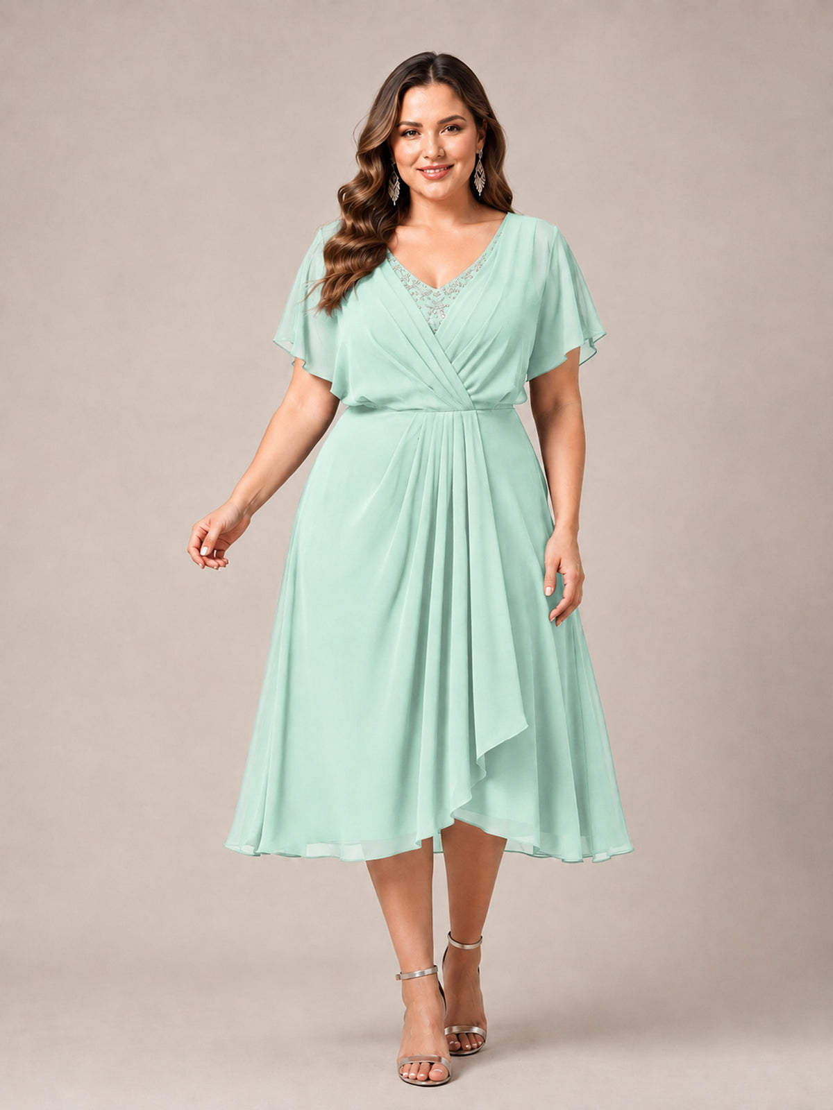 Navy Blue A-Line V-Neck Tea-Length Mother of the Bride Dress