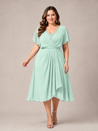 Navy Blue A-Line V-Neck Tea-Length Mother of the Bride Dress
