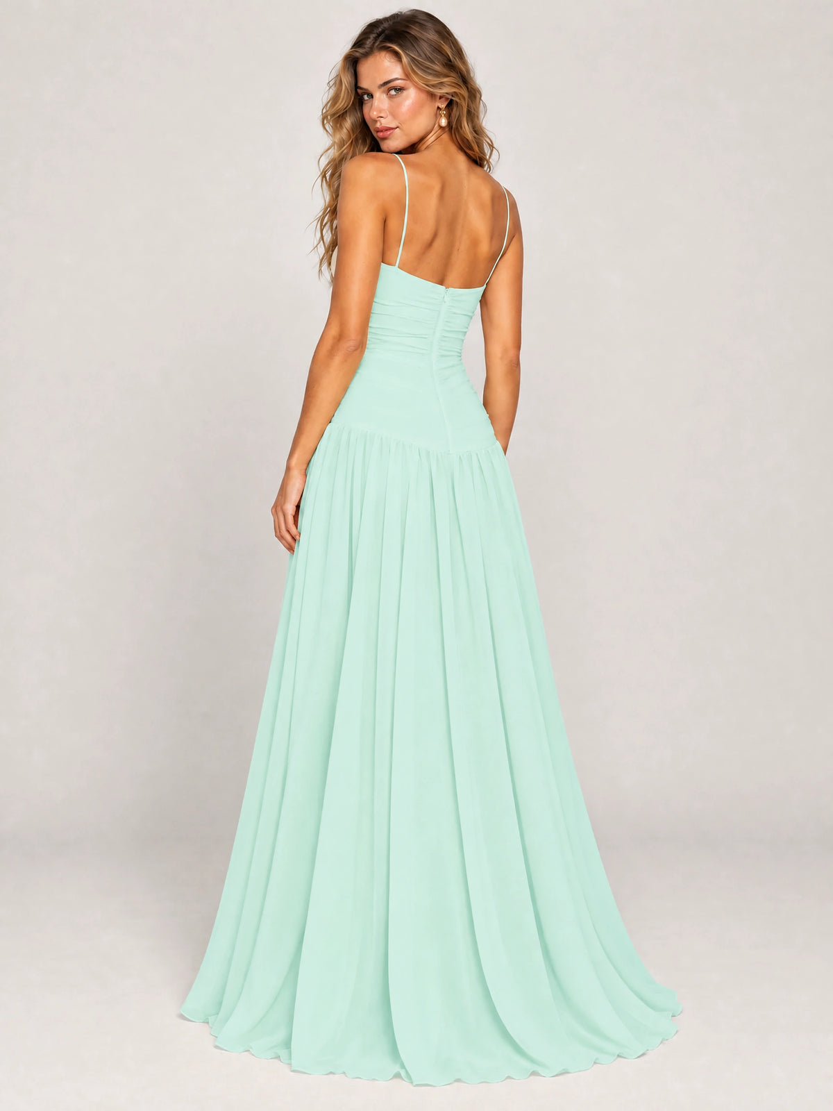 Butter Yellow Ruched Spaghetti Strap Drop-Waist Prom Dress