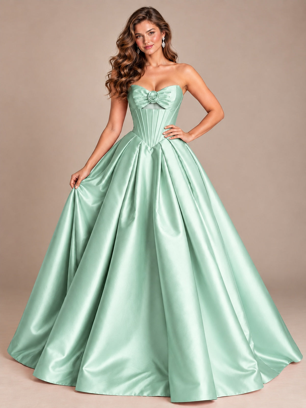 Pink Strapless Corset Satin Prom Derss & Ball Gown with 3D Floral