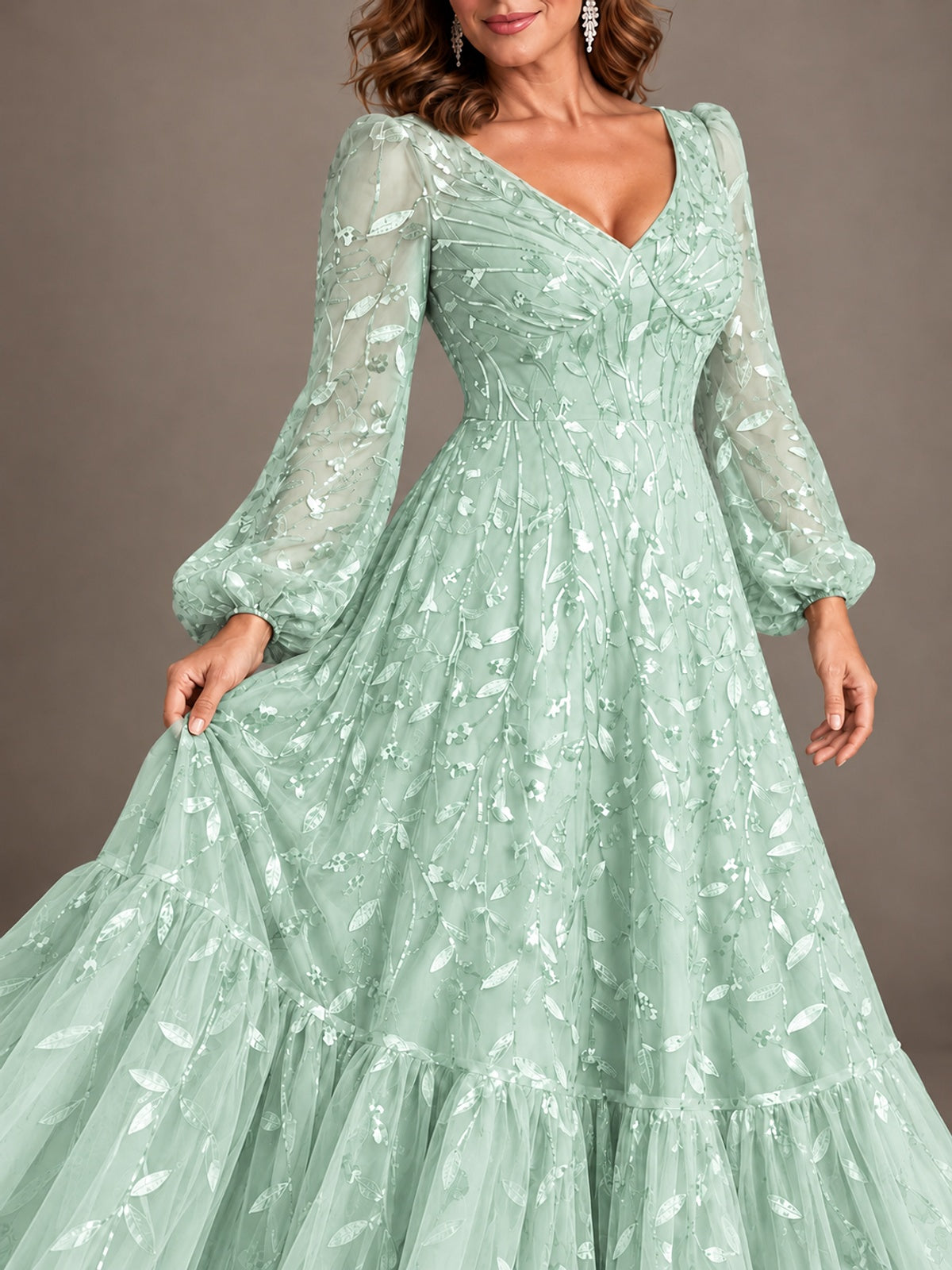 Floral Sequin Embroidered A-Line Mother of the Bride Dress with Long Sleeves