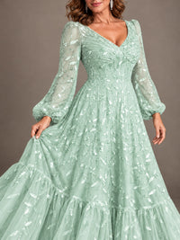 Floral Sequin Embroidered A-Line Mother of the Bride Dress with Long Sleeves