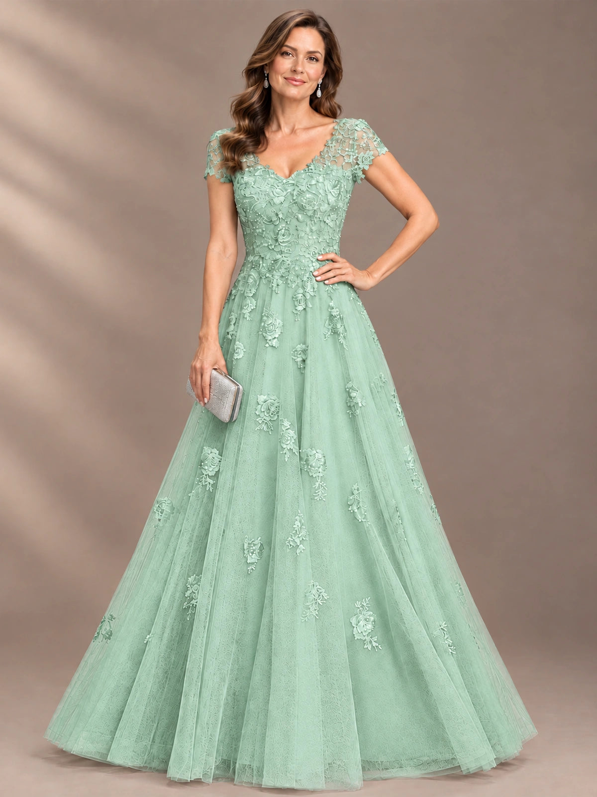 Lace Appliques A-line Mother of The Bride Dresses with Short Sleeves