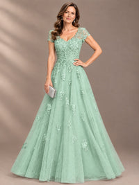 Lace Appliques A-line Mother of The Bride Dresses with Short Sleeves