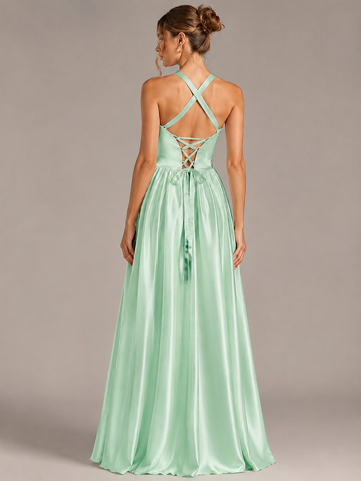 Light Yellow Halter Neck Satin A-Line Maxi Dress with Pockets