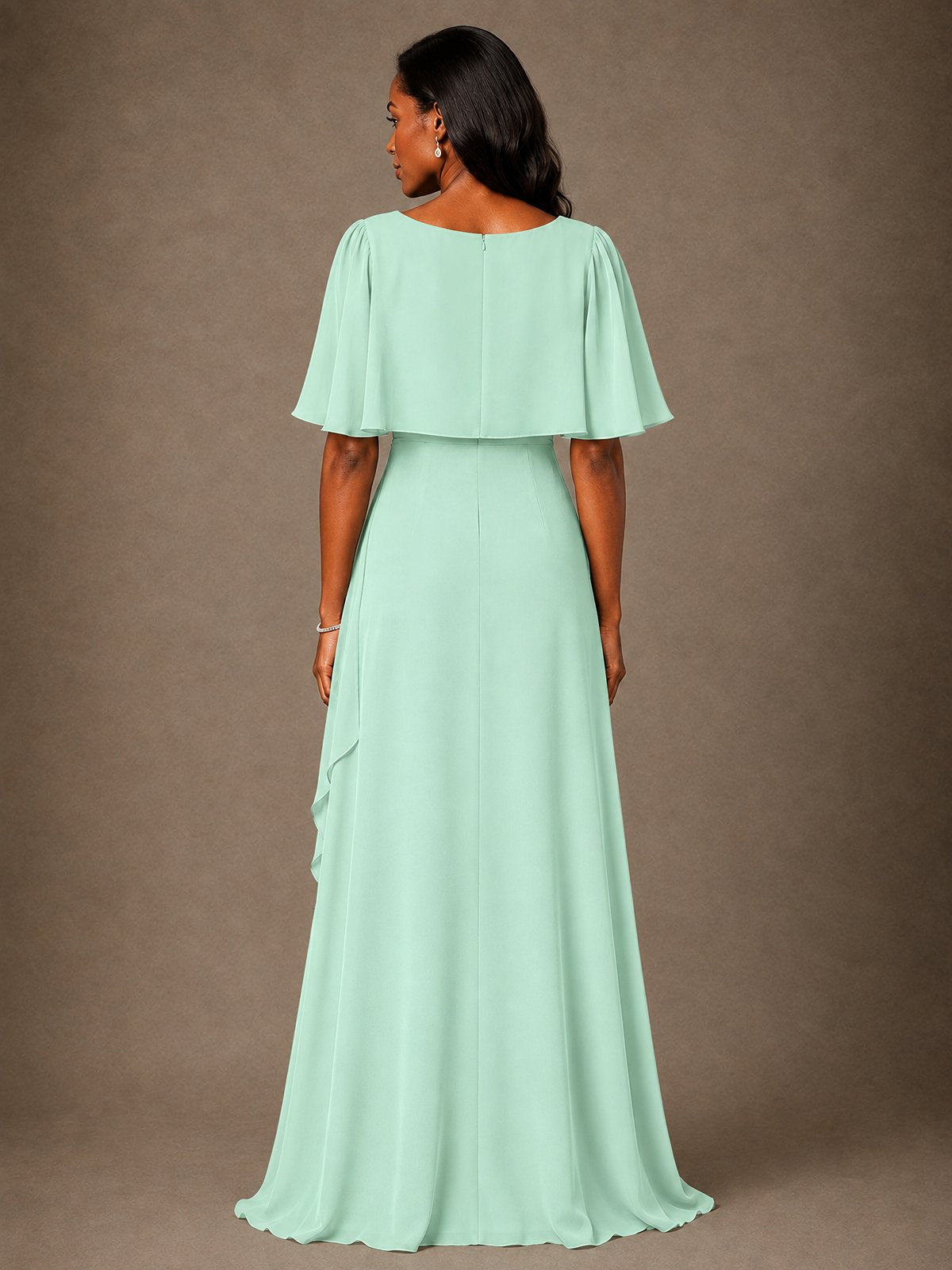 Taupe Chiffon A-Line Mother of the Bride Dress with Cape Sleeves