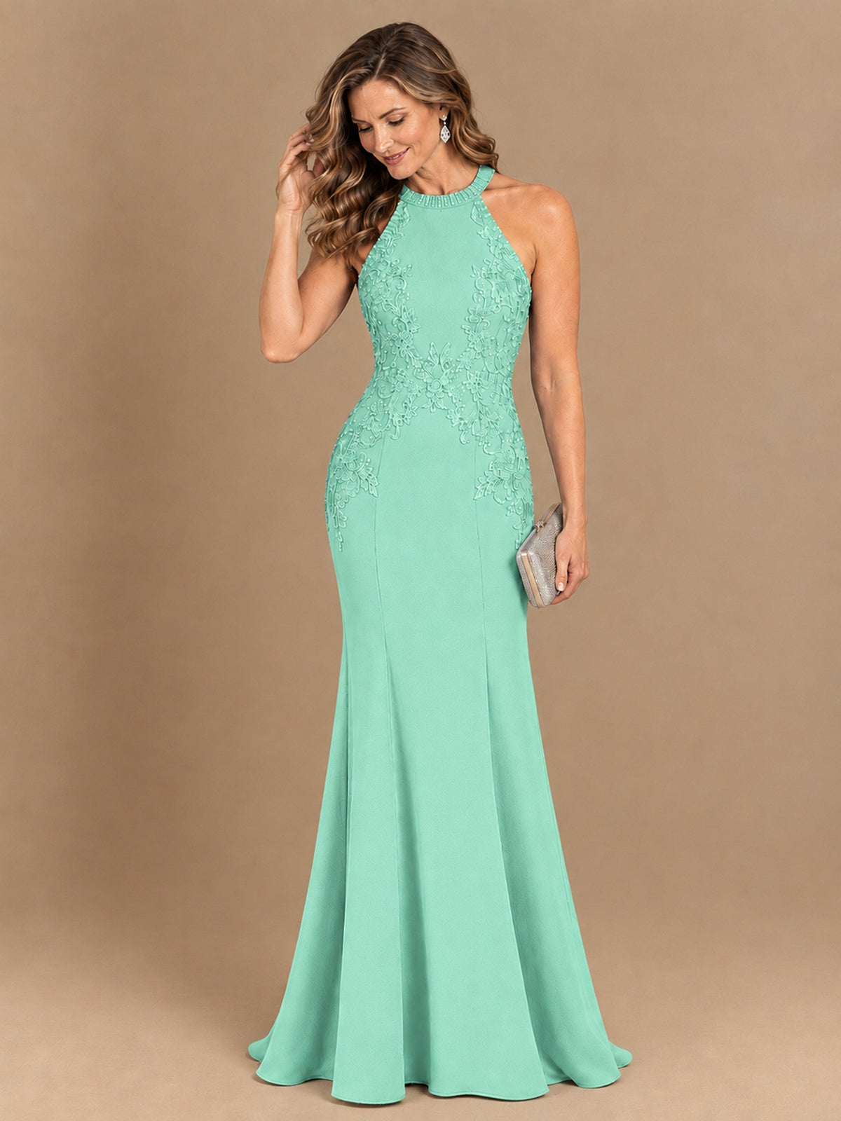 Halter Neckline Lace Appliques Mother of The Bride Dresses
