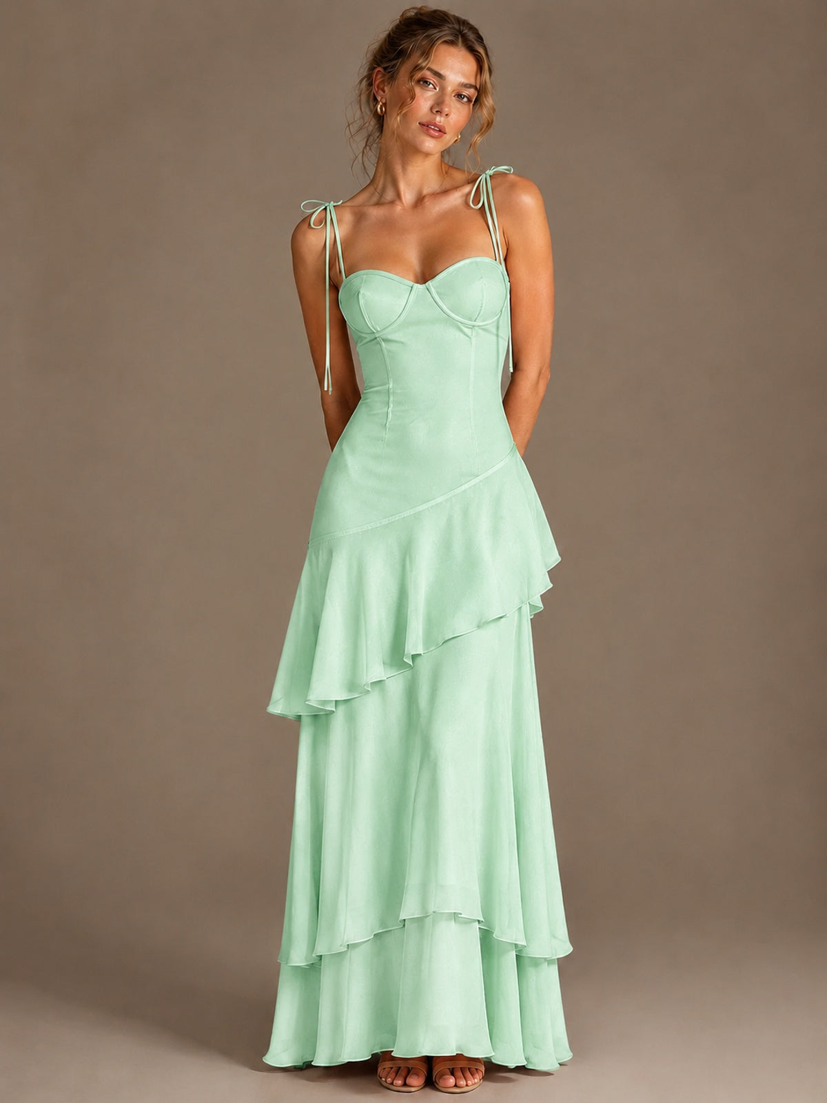 Spaghetti Strap Tiered Ruffles Chiffon Prom Dress