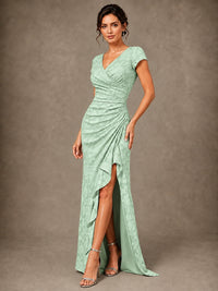 V-Neck Floral Jacquard Mother of the Bride Dress with Slit