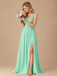 Pleated Chiffon V Neck Wedding Bridesmaid Dresses Floor Length with Slit