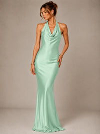 Olive Green Halter Satin Mermaid Maxi Dress